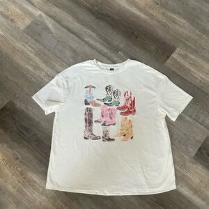 White T-Shirt with Colorful Boot Print